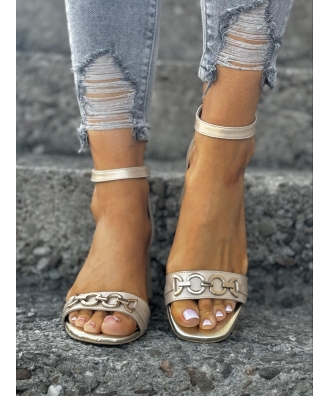 Cudowne sandały na stabilnym obcasie RUSIN ADESSO GOLD skóra naturalna