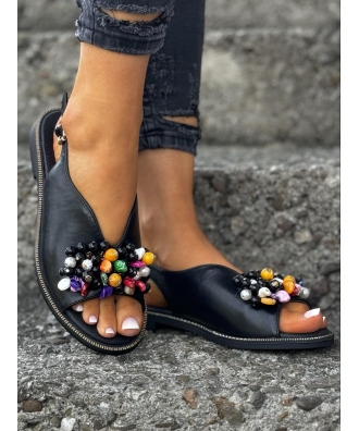 Klasyczne płaskie sandały z ozdobą ALLENDE BLACK