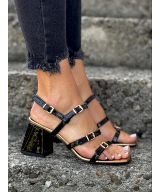 Cudowne sandały na słupku z paseczkami RUSIN LOU BLACK GOLD skóra naturalna