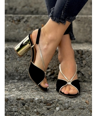 Cudowne sandały na słupku RUSIN LUXE BLACK GOLD skóra naturalna