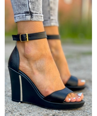 Lekkie i bardzo wygodne sandały na koturnie RUSIN MAEVE BLACK Skóra naturalna