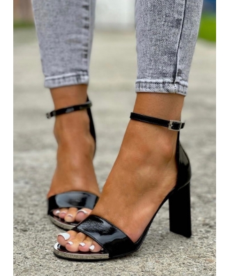 Piękne sandały na wygodnym słupku RUSIN BOCHE BLACK GLOSSY skóra naturalna