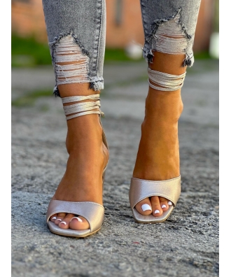 Klasyczne sandały na wygdonym słupku RUSIN SALVEZZA GOLD skóra naturalna