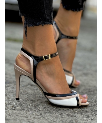 Wspaniałe bardzo wygodne sandały szpilki RUSIN DESIGN DALMA WHITE BEIGE BLACK skóra naturalna