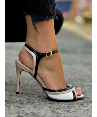 Wspaniałe bardzo wygodne sandały szpilki RUSIN DESIGN DALMA WHITE BEIGE BLACK skóra naturalna