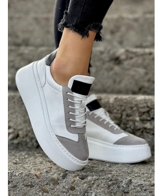 Sneakersy na wyższej podeszwie RUSIN SELECT WHITE GREY skóra naturalna