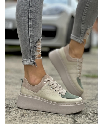 Sneakersy na wyższej podeszwie BALAO OLIVE BEIGE skóra naturalna