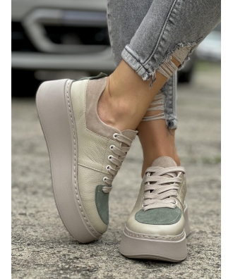 Sneakersy na wyższej podeszwie BALAO OLIVE BEIGE skóra naturalna