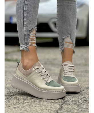 Sneakersy na wyższej podeszwie BALAO OLIVE BEIGE skóra naturalna