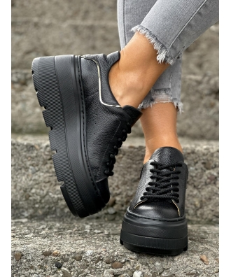 Sneakersy na mega lekkiej platformie RUSIN VIGON BLACK GRAIN skóra naturalna