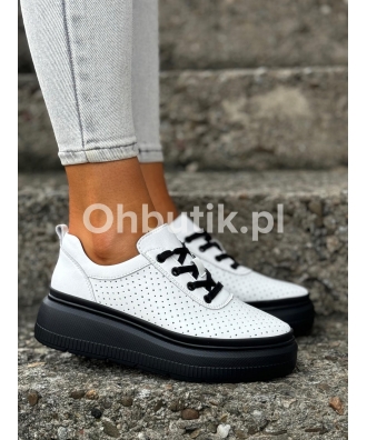 Wygodne lekkie sneakersy trampki na wyższej podeszwie POLINO PERF WHITE BLACK skóra naturalna
